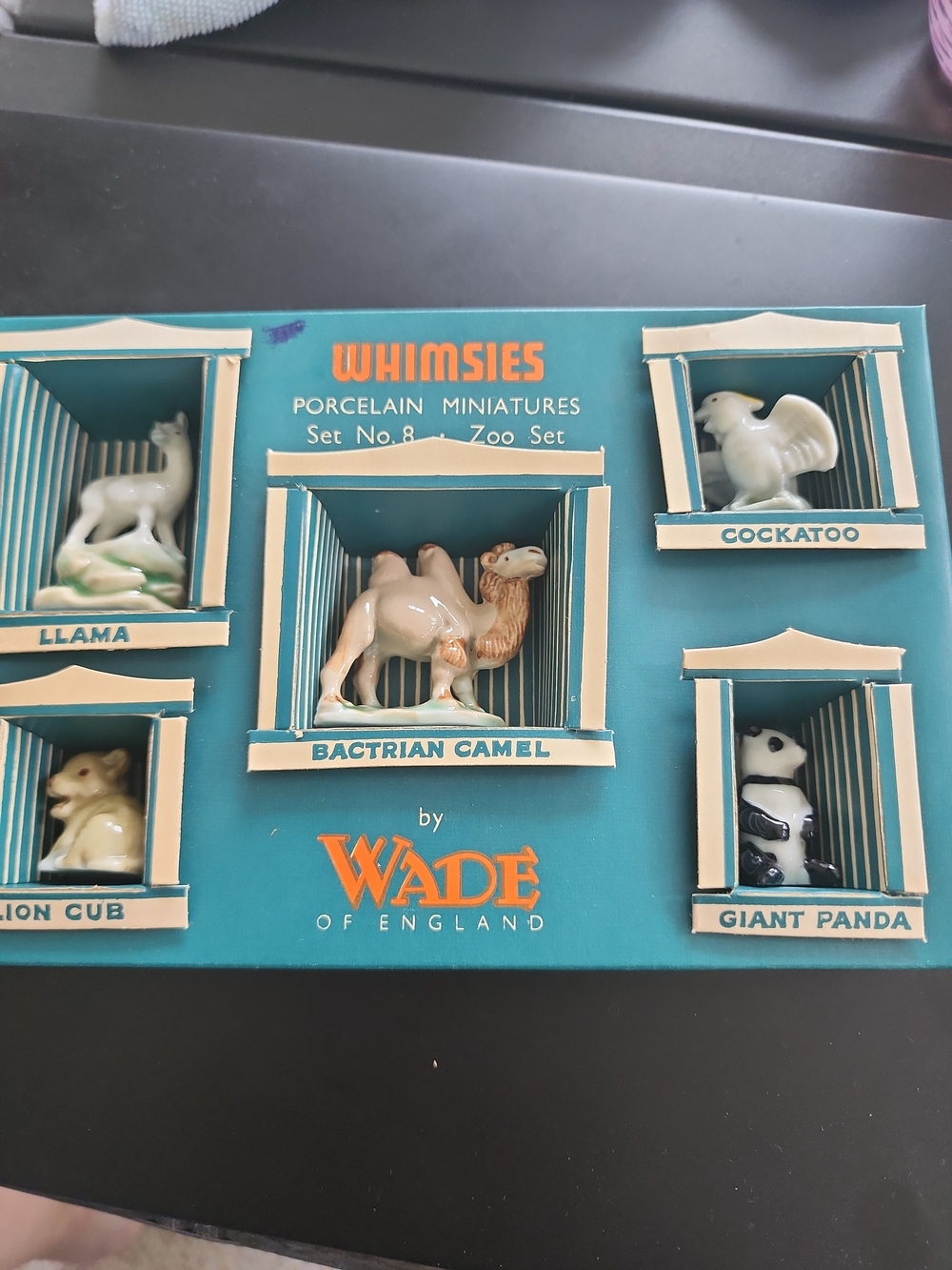 Wade Whimsies Zoo Set No. 8 Figurines x 5 Orig Box  1957-61 Camel Lion Panda Etc